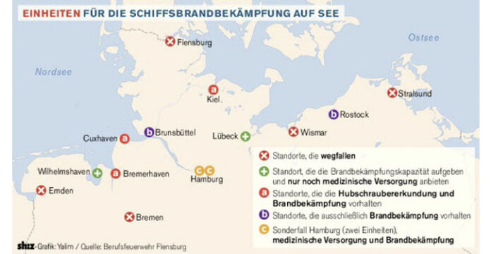 Karte mit Einheiten für die Schiffsbrandbekämpfung an der Nord- und Ostsee in Deutschland.