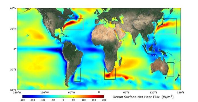 Grafik mit durchschnittlichen jährlichen Wärmefluss von der Oberfläche der Ozeans in die Atmosphäre und zurück.