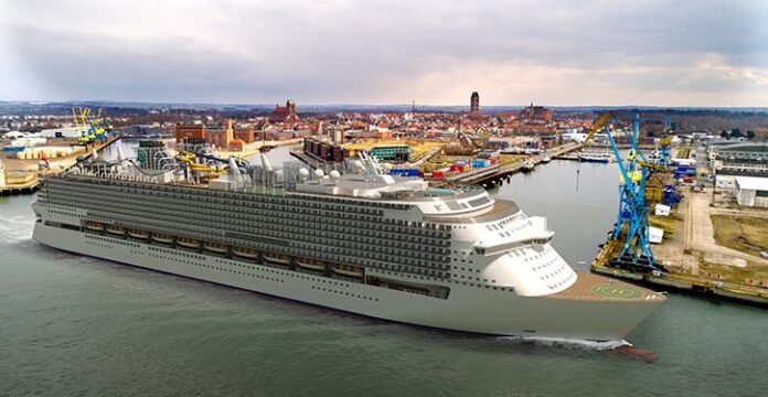 Wenn alles geschafft ist: Fotomontage der fertigen GLOBAL DREAM im Hafen von Wismar.