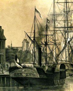 Der Ausschnitt aus einem Hafenbild der Hansestadt Wismar zeigt die OBOTRIT ex FINNLAND, gebaut 1842 in London.